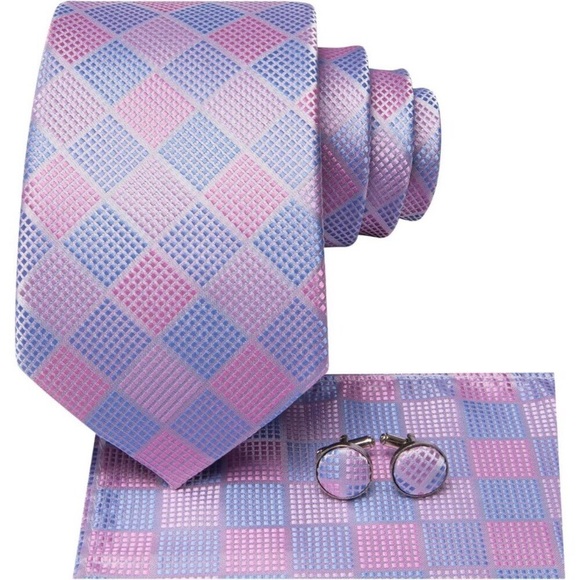 Mens Pink Tie Set Solid Paisley Necktie Pocket Square Cufflinks Formal Silk - Picture 3 of 6